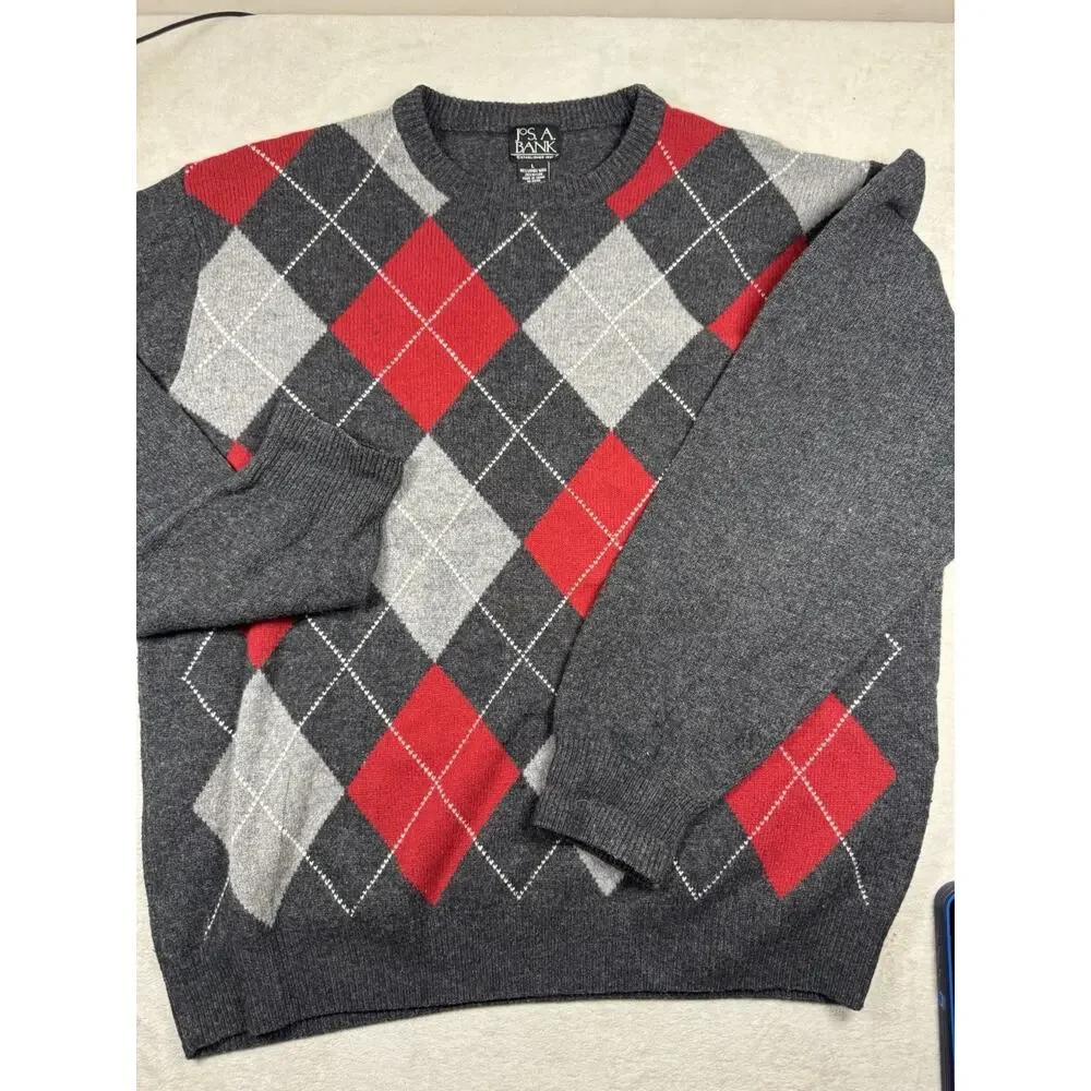 Jos A Bank Mens L Lambswool Blend Argyle Sweater Gray Red Crewneck